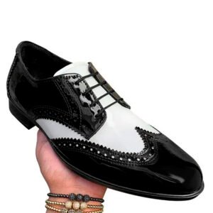 Zapato zanthy shoes de charol negro blanco modelo 137 calzado para caballero estilo pachuco
