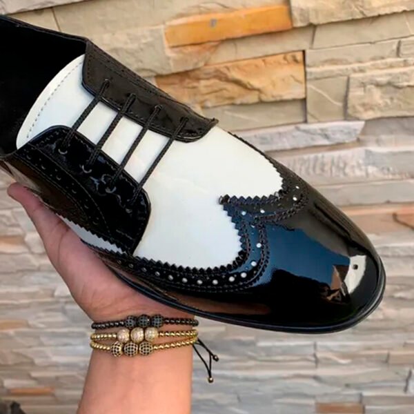 Zapato zanthy shoes de charol negro blanco modelo 137 calzado para caballero estilo pachuco