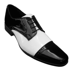 Zapato zanthy shoes de charol negro blanco modelo 300 calzado para caballero estilo pachuco