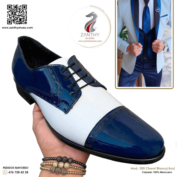 Zapato zanthy shoes de charol marino blanco modelo 300 calzado para caballero estilo pachuco