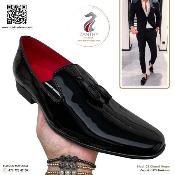 Zapato slipper zanthy shoes de charol negro rojo modelo 02 loafer mocasin calzado para caballero estilo vestir